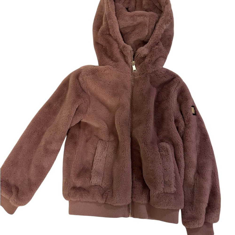 DKNY mauve faux fur with hood for girls. Very very soft.